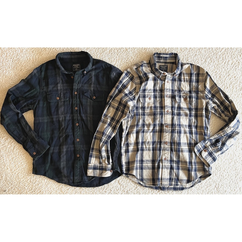 Lot of 2 Abercrombie & Fitch Plaid Flannel Cotton Shirts Mens M Navy Taupe